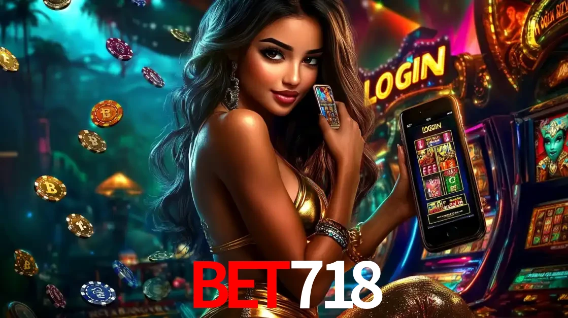 Mulher em um cenário de cassino temático de aventura, mostrando o app de caça-níqueis da bet718 no celular. Fichas de apostas flutuam ao redor.