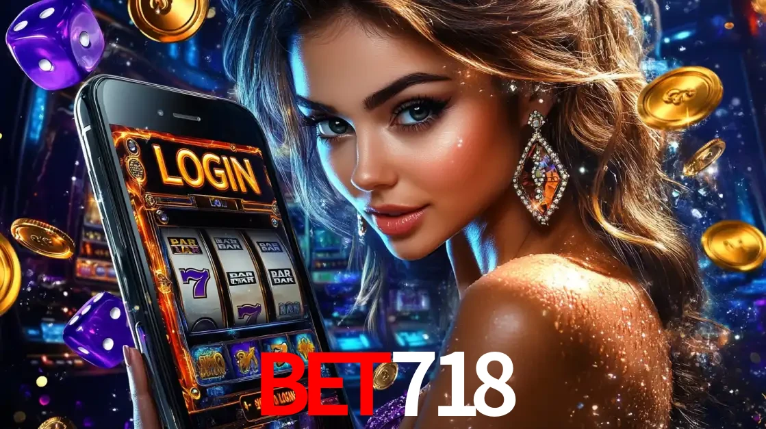 Mulher glamorosa segurando um smartphone com a tela de login para os jogos de caça-níqueis do cassino online bet718, com moedas de ouro e dados ao redor.